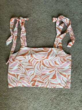 Roxy Pink & Orange Leaf-Print Tie-Shoulder Crop Top Size Small